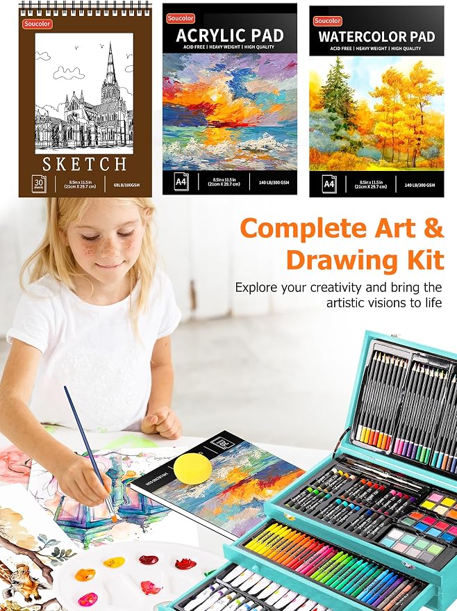 Soucolor Art Supplies, 192-Pack Deluxe Art Set Drawing Painting Supplies | Art Kit with Acrylic Pad, Watercolor Pad, Sketch Book, Canvases, Acrylic Paint, Crayons, Pencils, Gifts for Artists Adults
