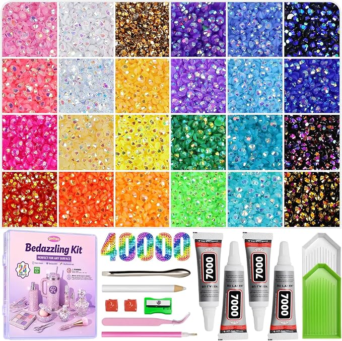 Redtwo 40000Pcs Resin Jelly Rhinestones for Bedazzling Kit | 24 Colors, 3mm Multicolor Flatback Rhinestones, 4Pcs Glue and Tools, Bedazzler Kit for Clothes, Books, Shoes, Nail & Crafting
