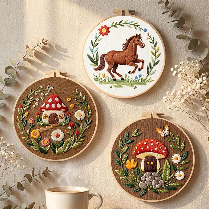 Santune 3 Pack Embroidery Kit Cross Stitch Needlepoint Kits for Beginners Adult Needle Point Sets with Mushroom & Horse Embroidery Patterns, Includes Step-By-Step Instructions & Accessories