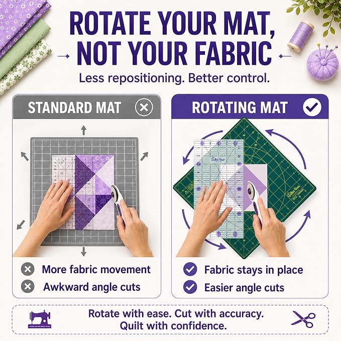 The Quilted Bear Rotating Cutting Mat 18" x 18" - Square 360° Rotating Self Healing Mat with Innovative Locking Mechanism for Quilting & Sewing Your Choice of Colours Available! (Green)