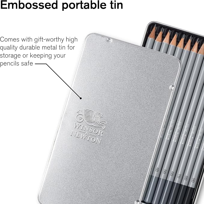 Winsor & Newton Studio Collection, Graphite Pencils, Set of 12 | Soft, Thick Core pencils, Varied Hardness, Soft Smooth Texture, Easy Blending, Stylish Metal Tin Included, High Quality Lead