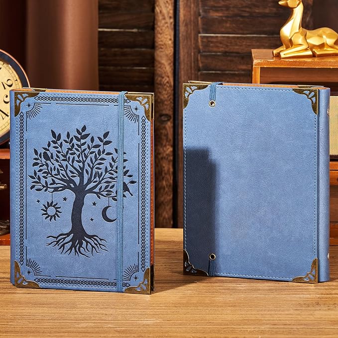 Ovesmusl PU Leather A5 Binder 6 Ring Refillable Journal Cover No Refill Paper A5 Planner Binder Loose Leaf Binder for Notebook 5.7”x8.3” with Elastic Closure, Blue Tree