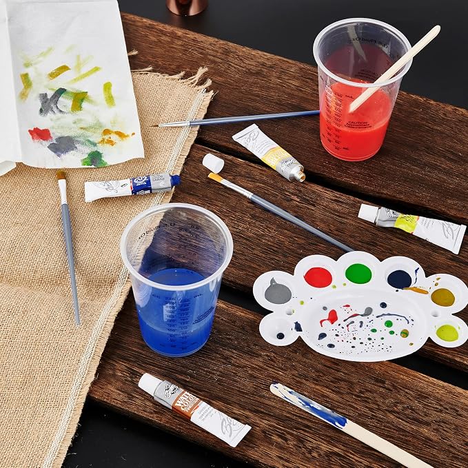 100 PACK 10 oz Plastic Measuring Cups, with 100 Wooden Mixing Sticks