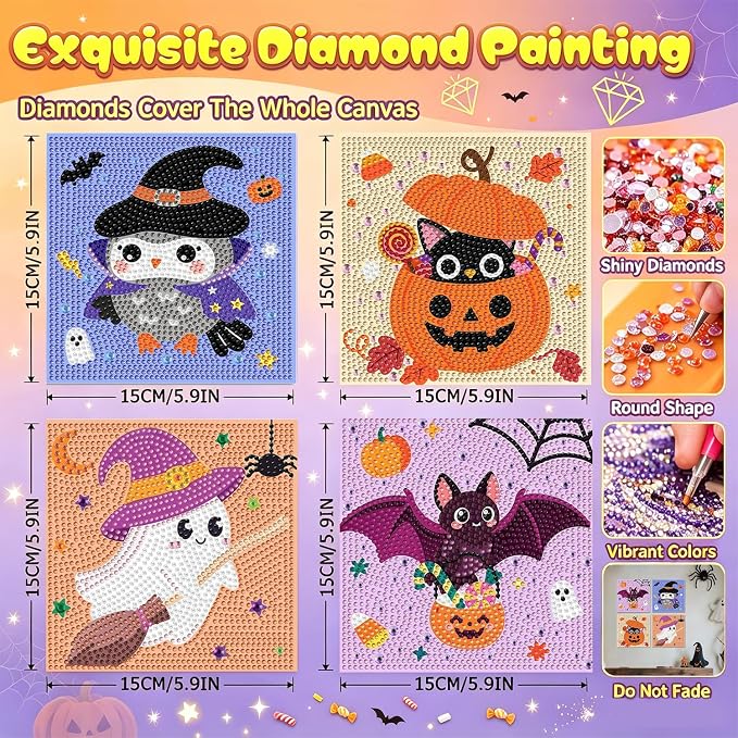 4 Pack Halloween Diamond Art Kits for Kids Ages 4-8-10-12 Gem Art for Kids | Halloween Diamond Painting Kits for Kids, Kids Diamond Art Small, Gem Painting Kit for Boys Girls,for Gift and Decor 6x6 Inch