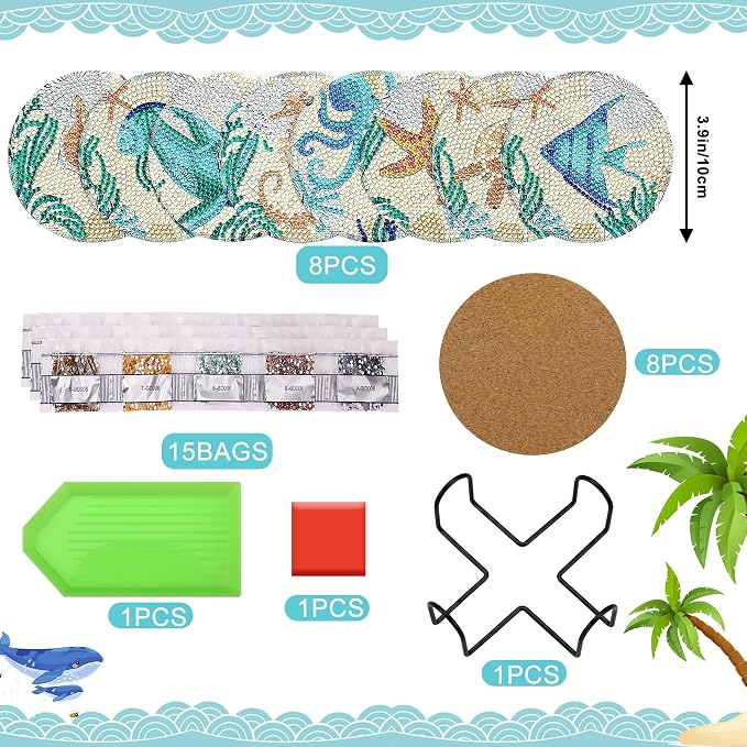 UPINS Ocean Diamond Art Painting Coaster Kit, 8Pcs DIY Crafts Kit with Holder, Non Slip Coaster Art Supplies for Adults, Ideal Christmas Gift | Beach DIY Crafts Kit with Holder,Non Slip Coaster Art Supplies for Adults,Ideal Christmas Gift