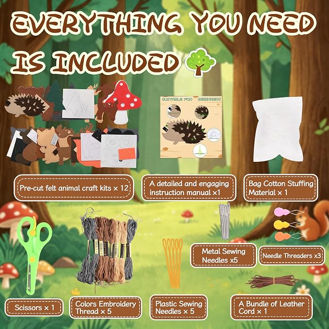 GOASION Sewing Kit for Kids, 12 Pcs Woodland Animals Craft Set, Ages 5+