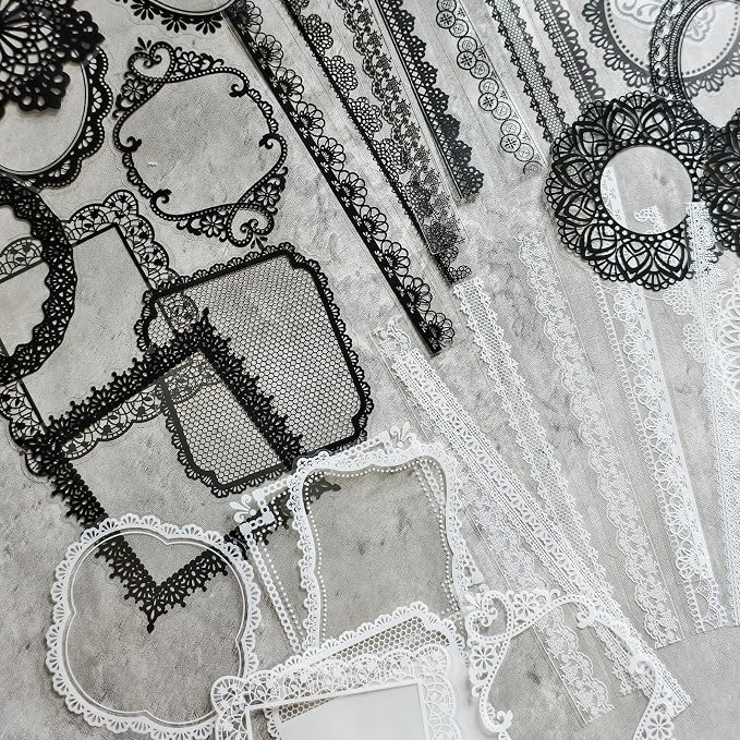 PRSTINCOL 240 PCs Lace Scrapbook Stickers,Waterproof Cutout Transparent Sticker PET Transparent Lace Stickers for Scrapbooking DIY Decoration Making Notebook Frame Album Handmade(Black and White)