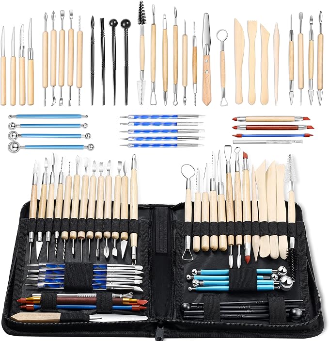 ISSEVE 43Pcs Pottery Clay Sculpting Tools Set with Stand-Up Organizer Bag