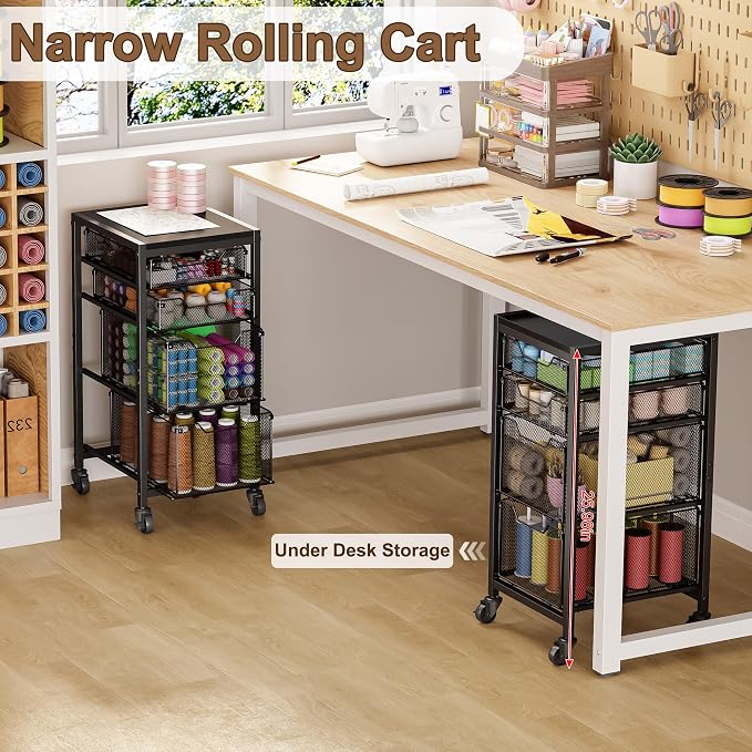 Rolling Storage Cart with Drawers, Under Desk Storage with Wooden Tabletop & Lockable Wheels, 4-Tier Storage Drawers for Bathroom, Craft, Office, Black