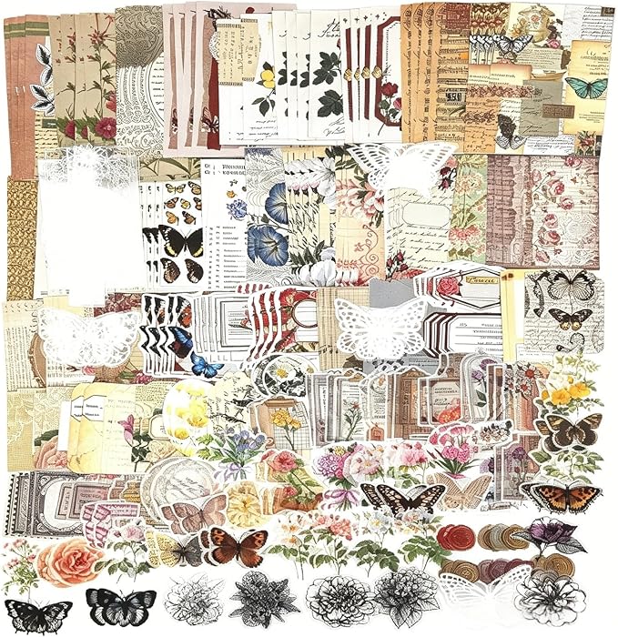 Esweny 260PCS Vintage Journaling Scrapbooking Supplies Scrapbook Sticker Paper Ephemera Pack for Junk Journal Planners Collage Craft Notebooks Album (Flowers and Butterflies)
