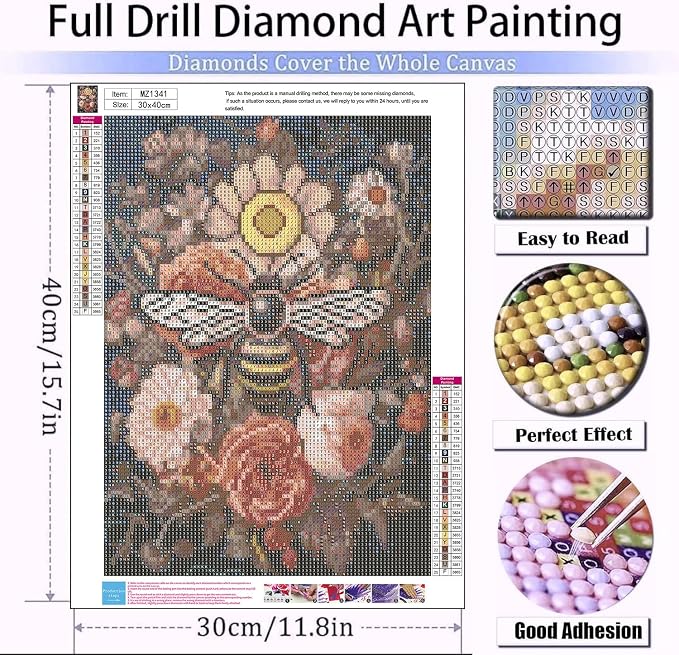 mrpwnle Diamond Art Kits for Adults Bee Diamond Painting Kit for Beginners | Bee Flowers Diamond Art Kits for Adults Beginner DIY Round Full Drill Gem Art Crafts Kit for Home Wall Decor Gifts 12x16inch