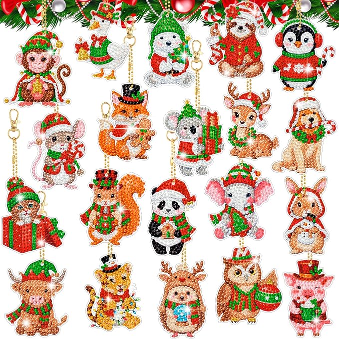 Tondiamo 20 Pcs Christmas Cute Animal Diamond Painting Keychains Kit, Xmas Cartoon Animal Ornaments DIY Diamond Art Key Pendant Set for Xmas Tree Decor Party Favors Gift