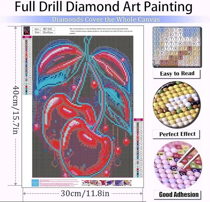 mrpwnle Diamond Art Kits for Adults Cherry Diamond Painting Kits 12x16inch