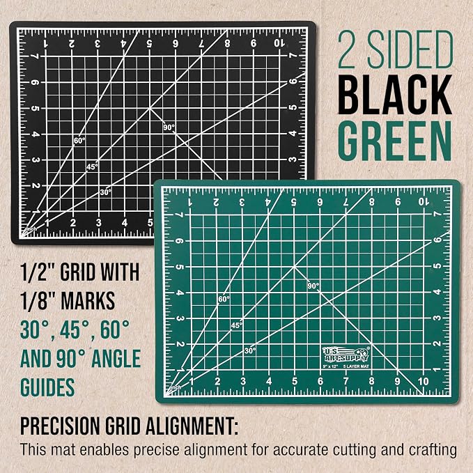 U.S. Art Supply 9"x12" Self-Healing Cutting Mat 5-Ply Green/Black | Double-Sided Green/Black Craft Mat, Non-Slip Cutting Mats for Crafts, Sewing, Quilting, Scrapbooking