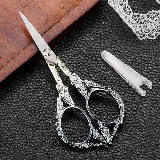 YOUGUOM Sewing Embroidery Scissors, Small Thread Shears with Cover | 4.6in, Sharp, Precision, for Craft, Artwork, Needlework, Yarn, Knitting, Paper Cutting, Detail Snips, Cute DIY Kit, Black