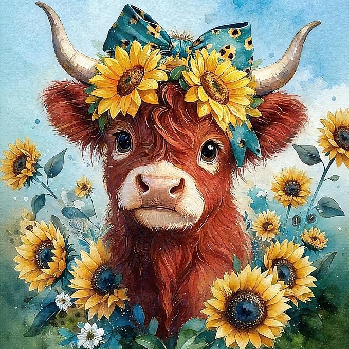 Gikboup Highland Cow Diamond Art Kit for Adults, Sunflower Floral Bow 13.7"