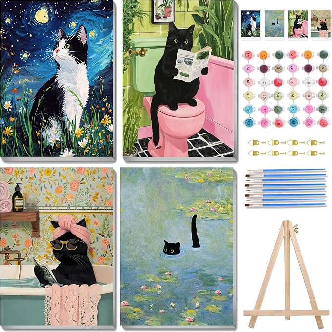 4 Pack Black Cat Paint by Numbers Kit for Adults Beginner with Framed | Easy Adult Paint by Number Kits on Canvas DIY Painting for Beginners Art by Numbers for Home Wall Decor 10x12 in