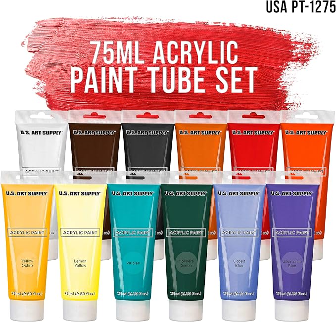 U.S. Art Supply 12 Color Set of Acrylic Oil Paint 75ml Tubes | High Opacity, Strong Tinting Strength, Oil Paints for Canvas Painting, Wood & Media