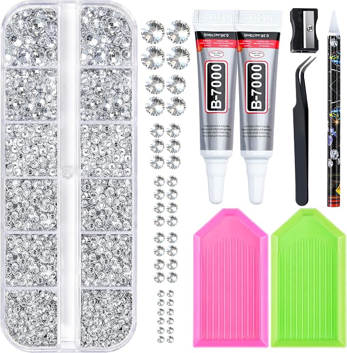 25000 Pcs Resin Jelly Rhinestones Kit, Sliver Clear 2/3/4/5/6mm Flatback Rhinestones with 2 Pcs B7000 Jewelry Glue & Tools, All-in-One Bedazzling Kit for DIY Arts & Crafts Gifts