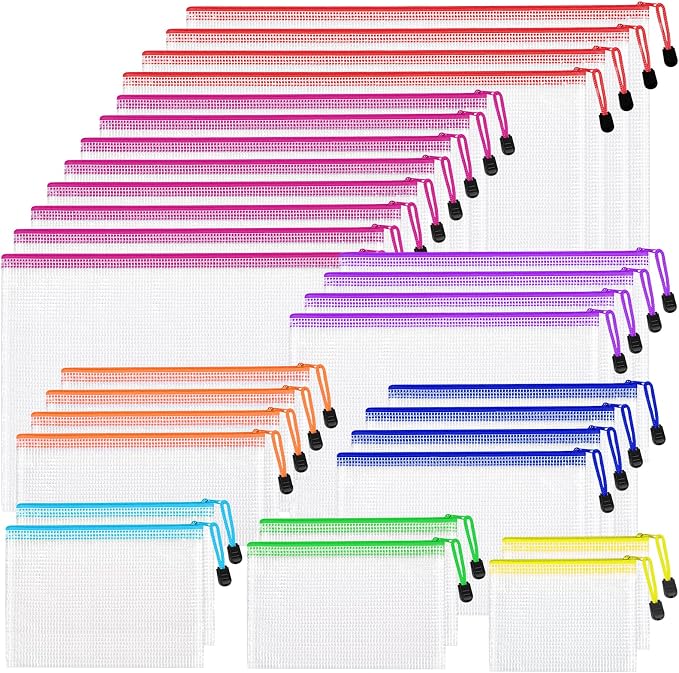 PAPEJOON 30pcs Mesh Zipper Pouch Bags, 8 Sizes Plastic zippered Storage Bags for Organizing, Clear Pouches with Zipper, Waterproof Mesh Pouch for Office Supplies, Home Organize, Travel Storage