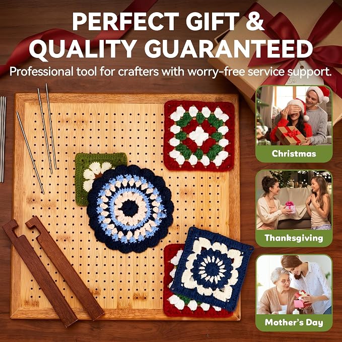 13" Crochet Blocking Board for Granny Square with 25 Pegs(Pins) & Felt Bag | 625 Holes, Blocking Board for Crochet Projects, Adjustable Bamboo Wood Board for Crocheting & Knitting, Gift for Crocheter