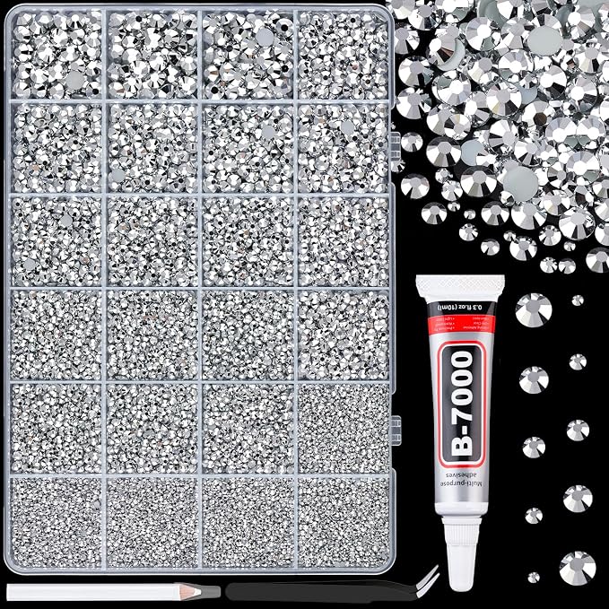 25000Pcs Resin Rhinestones for Crafting, Silver 2-6mm Mixed Sizes Non Hotfix Flatback Gems with 1Pcs Glue, Bedazzling Crystal for DIY Craft Clothing Mugs Tumblers Shoes Fabric Decor Nail Art