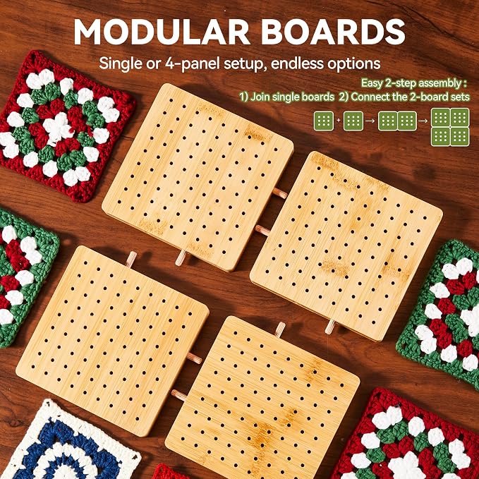 4-Pack 4.7" Assembled Crochet Blocking Boards for Granny Square with Pins | With 25 Steel Pins Pegs, Assembles into 9.4" Standable Blocking Board for Crocheting and Knitting,Gifts for Crocheter