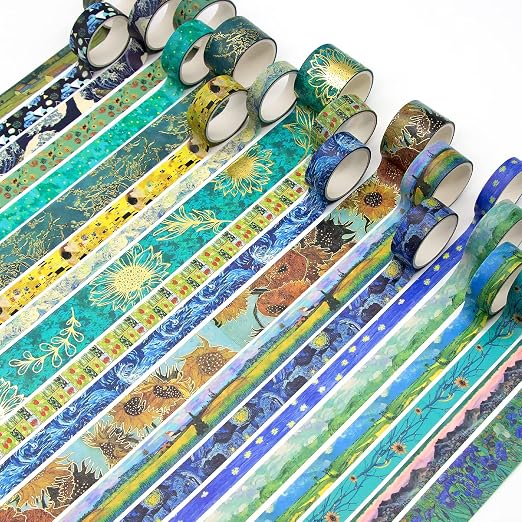 Geesinimo Washi Tape Set, 36 Rolls Van Gogh Vintage Gold Washy Tape, Wide Decorative Tape for Journaling, Scrapbooking Supplies,Vision Board Supplies, 6 Sizes Craft Watercolor Tape