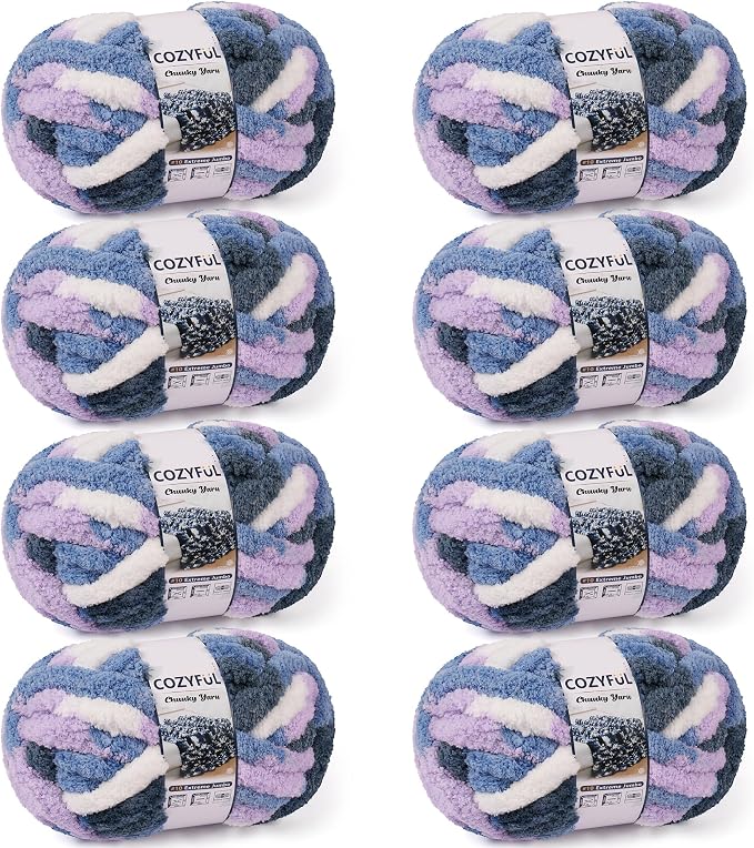 Cozyful Chunky Yarn for Hand Knitting - #10 Chunky Chenille Blanket Yarn, Jumbo Big Thick Chunky Yarns for Crocheting, Tie Dye Bulky Knit Yarns, 8 Skein (20 yds 8 oz Each Skein), Multi Blue&Purple