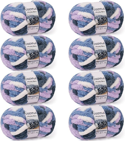 Cozyful Chunky Yarn for Hand Knitting - #10 Chunky Chenille Blanket Yarn, Jumbo Big Thick Chunky Yarns for Crocheting, Tie Dye Bulky Knit Yarns, 8 Skein (20 yds 8 oz Each Skein), Multi Blue&Purple
