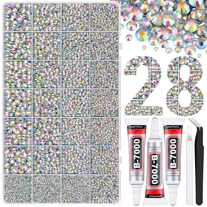 30000Pcs Resin Rhinestones for Bedazzling with Tweezers, AB Rhinestones for Crafting with 3Pcs 10ml B7000 Jewelry Glue for Nail Art