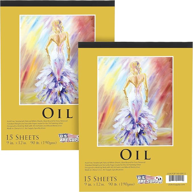 U.S. Art Supply 9" x 12" Premium Heavy-Weight Oil Painting Pad, 2 Pack | 30 Sheets Total - 90lb (190gsm) - Oil Pastel Paper for Students and Adults