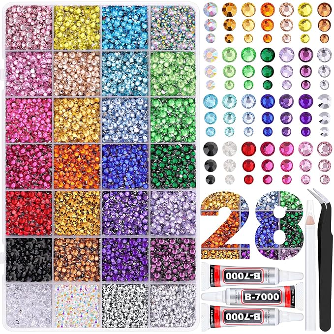 20000Pcs Resin Rhinestones for Crafting, Multicolor 3/4/5mm Flacktback Gems with 3Pcs B7000 Jewelry Glue, Bedazzling Crystal for DIY Crafts Clothing Tumblers Mugs Shoes Fabric Nail Art