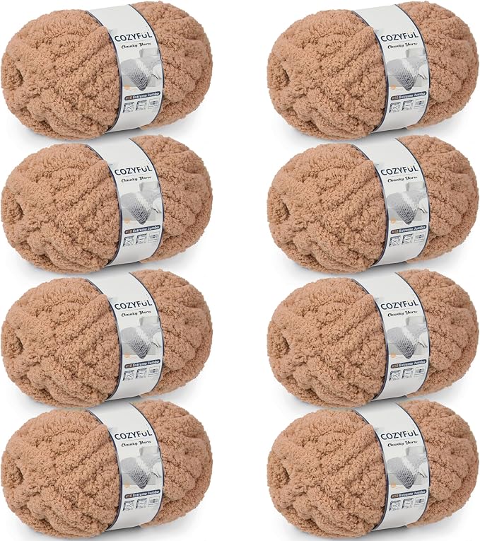 Cozyful Chunky Yarn for Hand Knitting - #10 Chunky Chenille Yarn, Jumbo Big Thick Chunky Yarns for Crocheting, Super Bulky Chunky Knit Blanket Yarns, 8 Skein (22 yds 8 oz Each Skein), Light Coffee