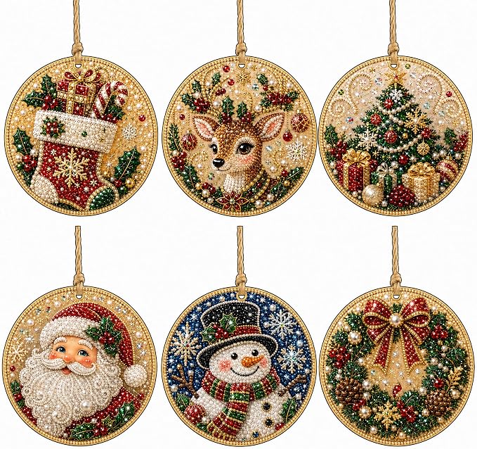 6PCS Christmas Wooden Ornaments DIY Pearl Diamond Painting Kit 01