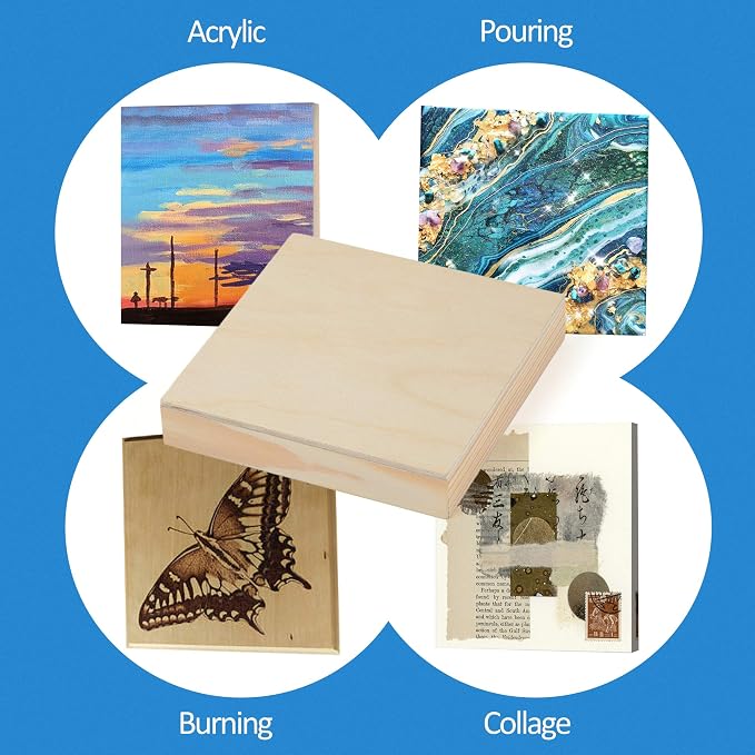 Falling in Art 4 Pack 4x4’’ Unfinished Birch Wood Panels Kit for Painting | Studio 3/4’’ Deep Wooden Canvas, Cradle Boards for Acrylic Pouring, Art, Crafts, Epoxy Resin, Laser Engraving Cutting