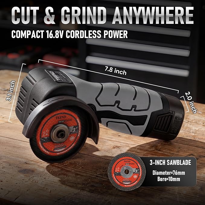 TEENO Cordless Angle Grinder Kit, 19,500 RPM Mini Handheld Grinder Tool with 2x 16.8V 2000mAh Batteries & 6 Discs, 3-Inch Cut-Off Grinder for Metal, Wood Cutting, Grey
