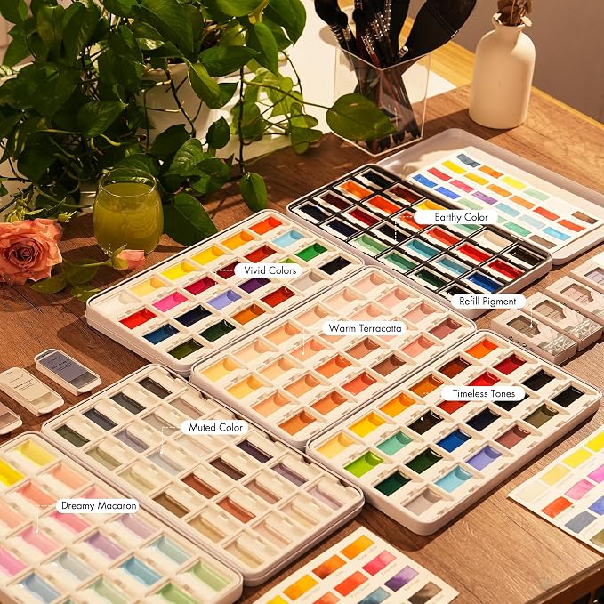 Fuumuui CREAMORA Watercolor Paint Set 24 Color Opaque Semi-Solid Timeless Tones | Professional Art Supplies with Strong Pigments & Coverage, for Artists Beginner Painters Amateur Hobbyists Painting