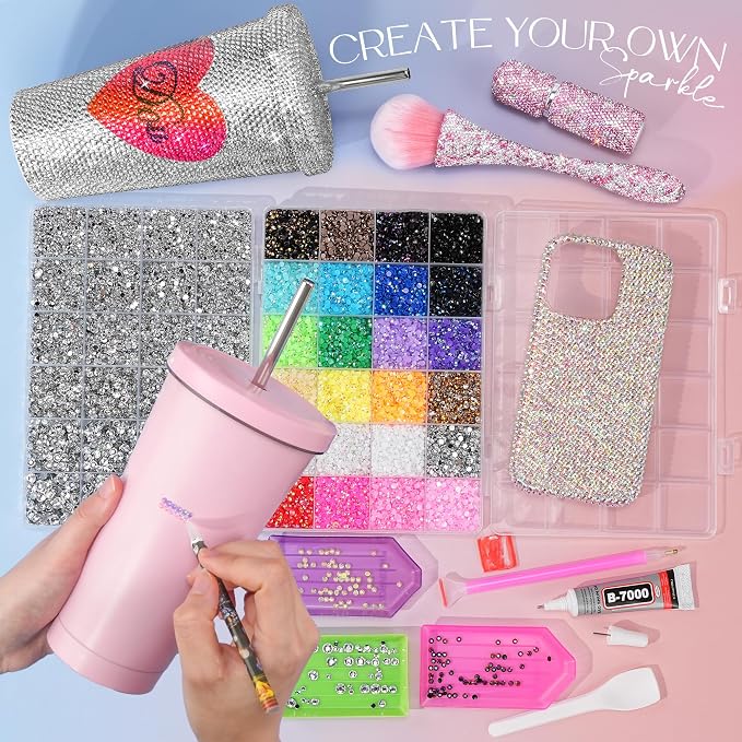 2 Boxes 70000PCS Rhinestones Kit, Rhinestones 3mm 24 Color & Silver 2/3/4/5/6mm Resin Flatback Gems for Diamond Art, Bedazzler Kit with 4Pcs B7000 Jewelry Glue for DIY Crafting Crafts Decor