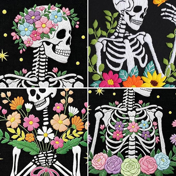 Louise Maelys 3 Pack Embroidery Kit for Beginners Floral Halloween DIY | Complete Set for Halloween Skeleton Crafts. Cross Stitch Kits with Floral Designs and Needlepoint Kit For DIY Projects