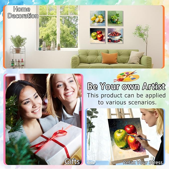 Ycydilirab 4 Pack Fruit Paint by Numbers Kit for Adults with Framed Wooden Easel - Fruit Adult Paint by Number,Paint by Number Canvas for Adults Gifts Home Wall Decor 8×8 inch