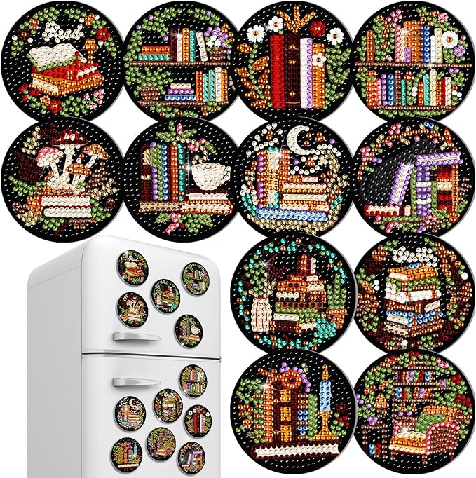 Zonon 12 Pcs Book Magnets Diamond Art Bookshelf Fridge Magnets for Adults | Reading Themed Designs, Small DIY Kits, Library Decor Stickers, Fridge Home Decoration, Completed Diamond Painting Sets