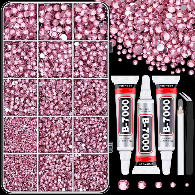 16000Pcs Resin Rhinestones with Tweezers for Crafting, Dark Pink 2-6mm Mixed Sizes Bedazzling Crystal with 3Pcs 10ml B7000 Jewelry Glue for DIY Crafts Clothing Tumblers Shoes Fabric Nail Art