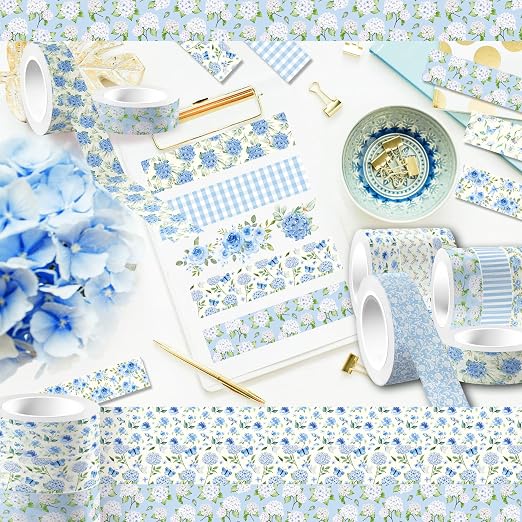 Hydrangea Washi Tape 12 Rolls Blue Hydrangea Tape Masking Decorative Blue Flower Washi Tape for DIY Craft Gift Wrapping Handbook Sticker Scrapbook Journaling Party Favor