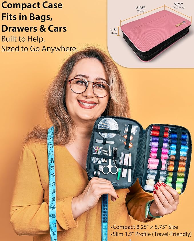 Vellostar Sewing Kit for Adults, Teens & Kids - 100-Piece Pink Beginner Set | Compact needle & thread kit for clothing repairs, ready for home, travel, emergencies, a practical gift for anyone who sews