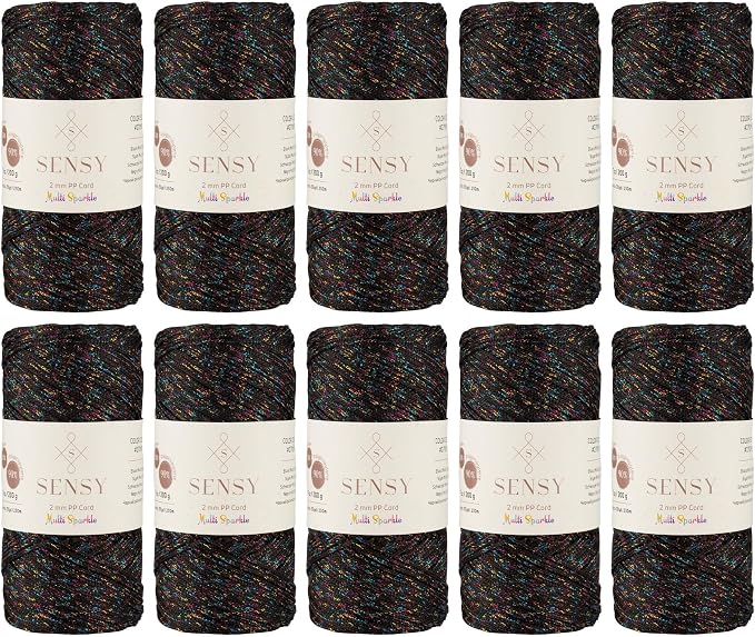 S Sensy 2mm -Premium Polypropylene Macrame Cord 10 Pack Black Multi Sparkle