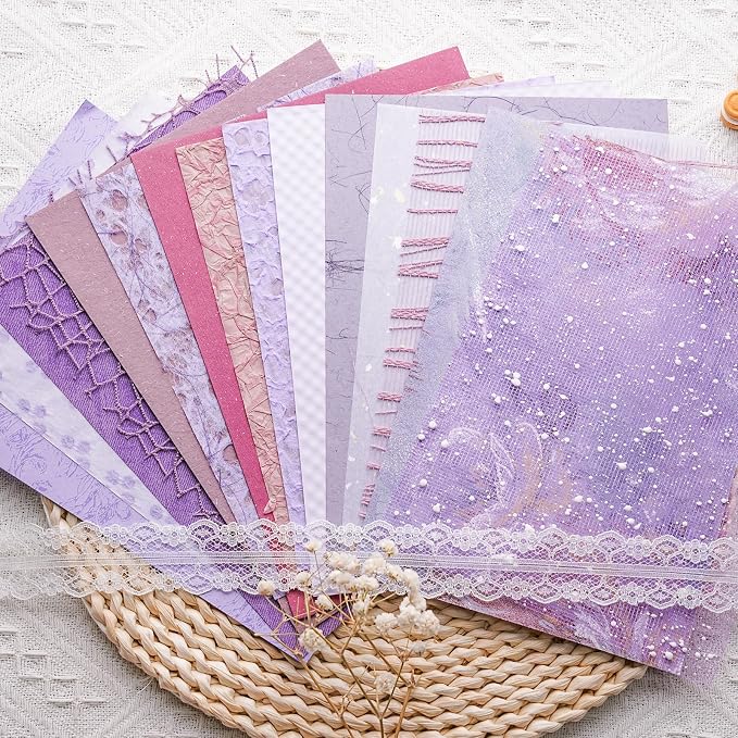 15Pcs Handmade Scrapbook Art Paper Craft Textured Colorful A5 sheet Mesh Special Paper Mix for Scrapbooking Junk Journal Journaling Supplies DIY Materials,5.8x8.2 inches (Purple)