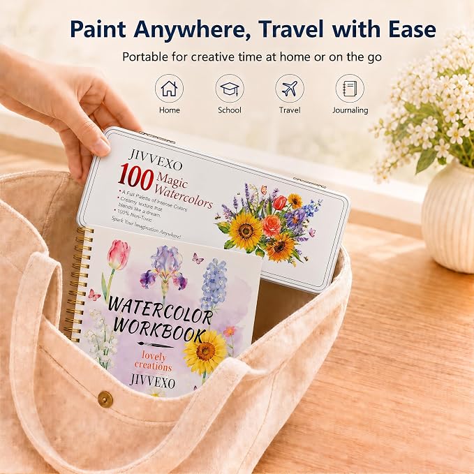 100 Colors Watercolor Paint Set with Watercolor Workbook for Adults | Travel Watercolor Set with 14 Pre-Drawn Projects, 1 Water Brush, 6 Detail Brushes & Painting Supplies for Teens & Beginners