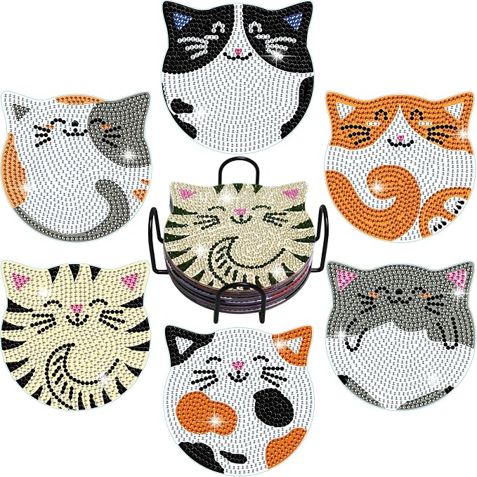 Vcekract 6 Pcs Cat Diamond Art Coasters Kit for Adults | Diamond Painting Coasters with Holder & Protective Backing, Diamond Art Adult Crafts for Table Home Decoration