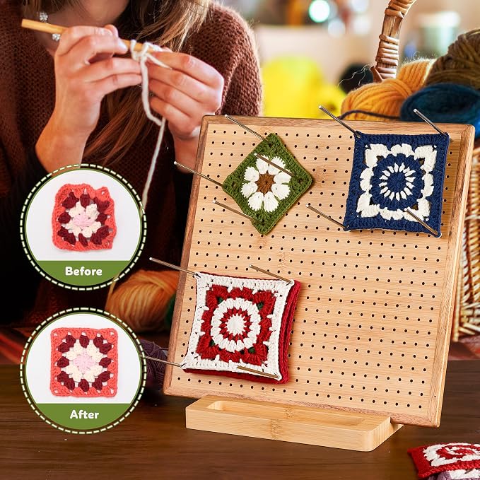 11.8" Crochet Blocking Board & 20 Pins Pegs,Granny Square Blocking Board | For Crochet Projects, Bamboo Blocking Boards for Crocheting and Knitting, Wooden Gifts for Crocheter